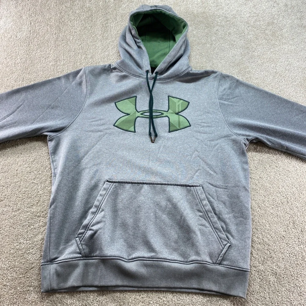 Under Armour Hoodie Mens Medium Gray Green Logo Pullover‎ Fleece Sweatshirt